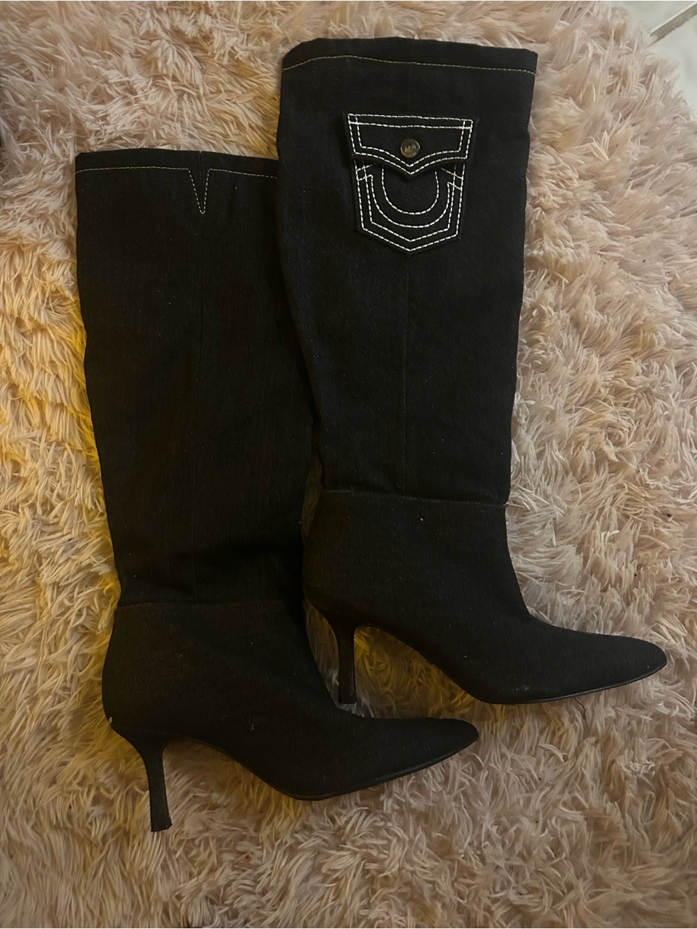 True Religion Black Knee-High Pointed Toe Stiletto Boots